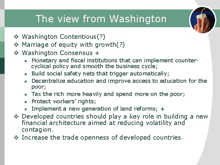 The view from Washington v Washington Contentious(? ) v Marriage of equity with growth(?