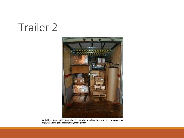 Trailer 2 Bartholdi, III, John J. (2003, September 27). Warehouse and Distribution Science. Retrieved