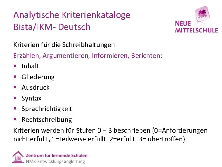 Analytische Kriterienkataloge Bista/IKM Deutsch Kriterien für die Schreibhaltungen Erzählen, Argumentieren, Informieren, Berichten: § Inhalt