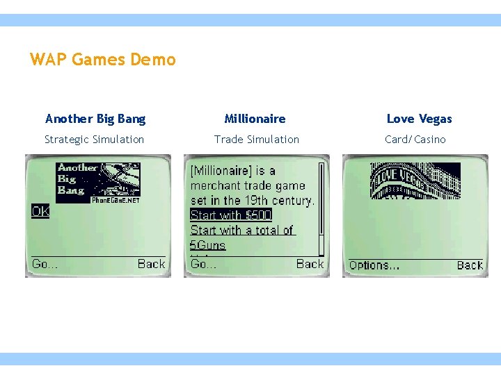 WAP Games Demo Another Big Bang Millionaire Strategic Simulation Trade Simulation Love Vegas Card/Casino