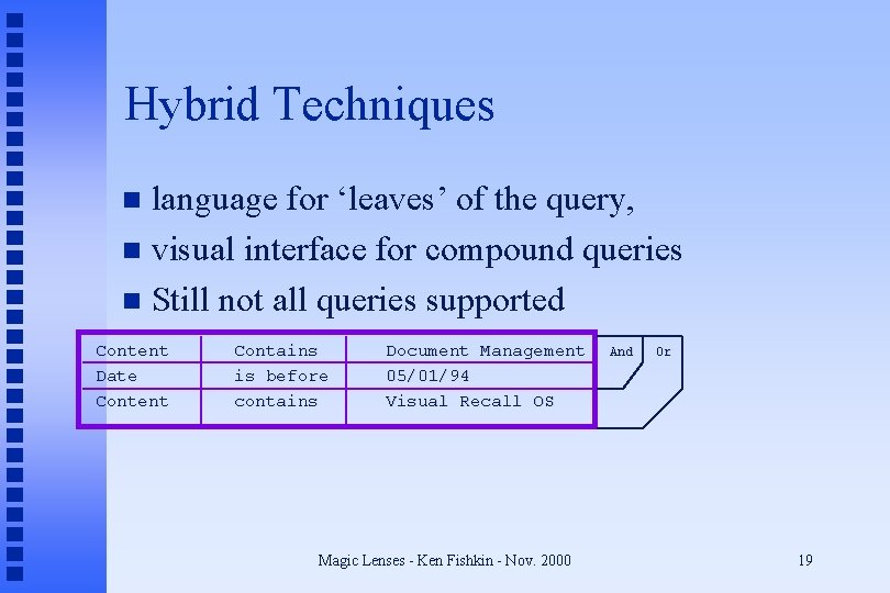 Hybrid Techniques language for ‘leaves’ of the query, n visual interface for compound queries