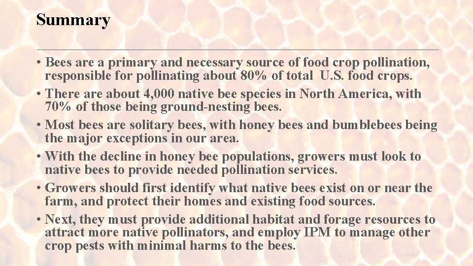 Summary • Bees are a primary and necessary source of food crop pollination, responsible