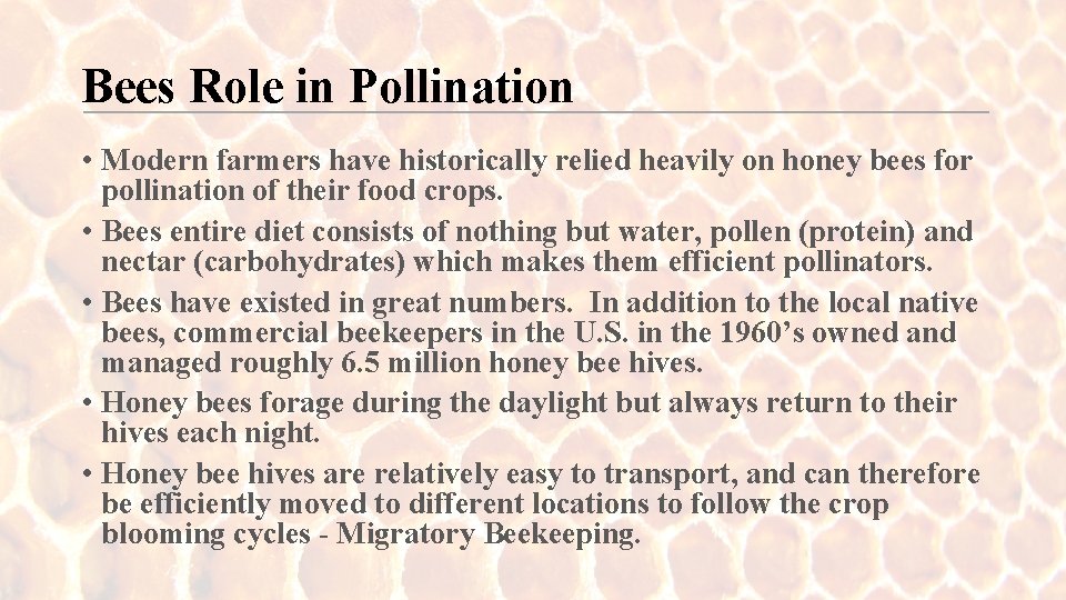 Bees Role in Pollination • Modern farmers have historically relied heavily on honey bees