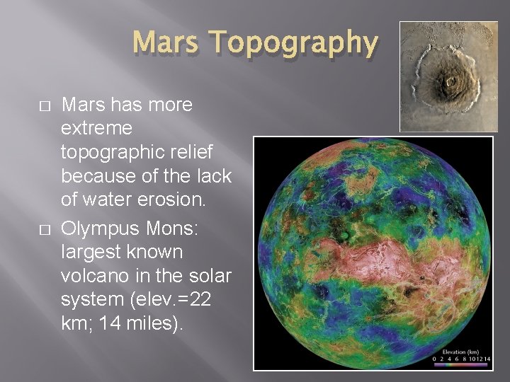 Mars Topography � � Mars has more extreme topographic relief because of the lack