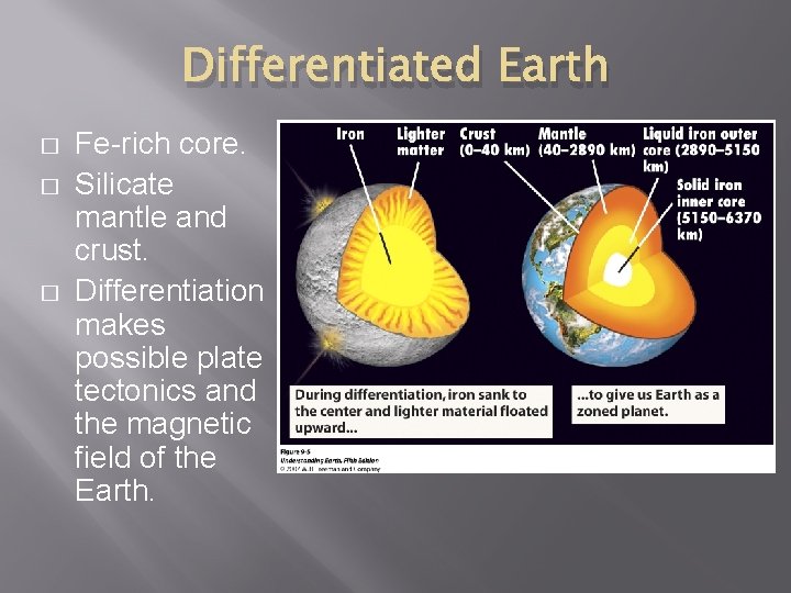 Differentiated Earth � � � Fe-rich core. Silicate mantle and crust. Differentiation makes possible