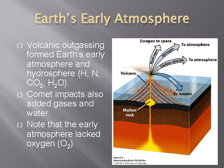 Earth’s Early Atmosphere � � � Volcanic outgassing formed Earth’s early atmosphere and hydrosphere