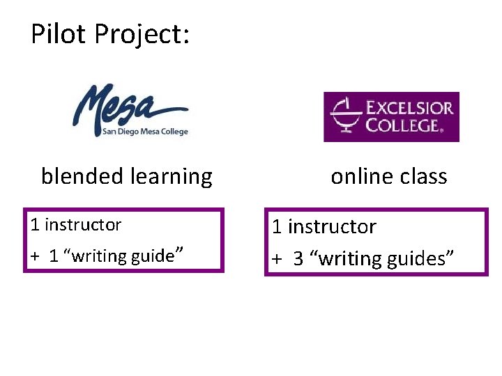 Pilot Project: blended learning 1 instructor + 1 “writing guide” online class 1 instructor