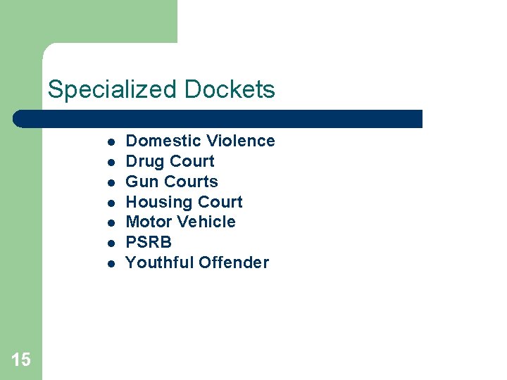 Specialized Dockets l l l l 15 Domestic Violence Drug Court Gun Courts Housing