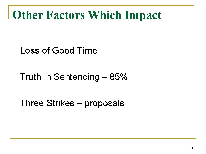 Other Factors Which Impact Loss of Good Time Truth in Sentencing – 85% Three