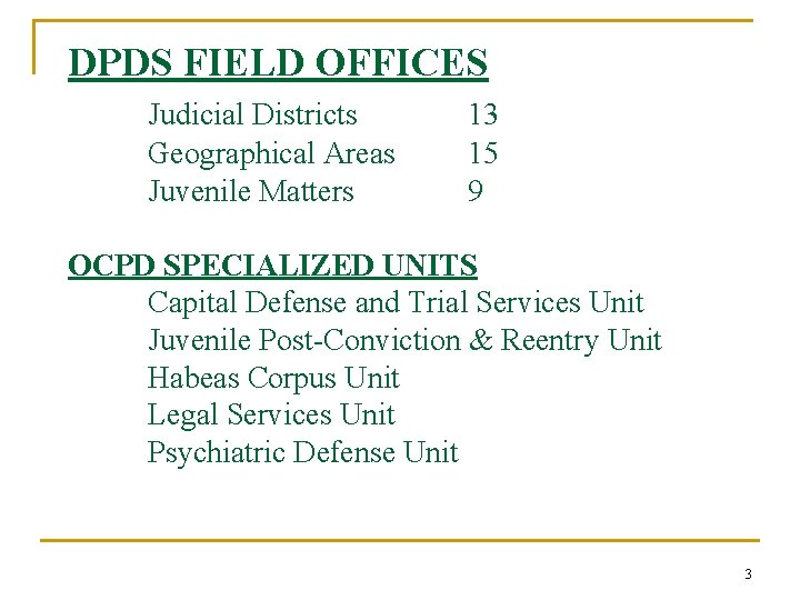 DPDS FIELD OFFICES Judicial Districts Geographical Areas Juvenile Matters 13 15 9 OCPD SPECIALIZED