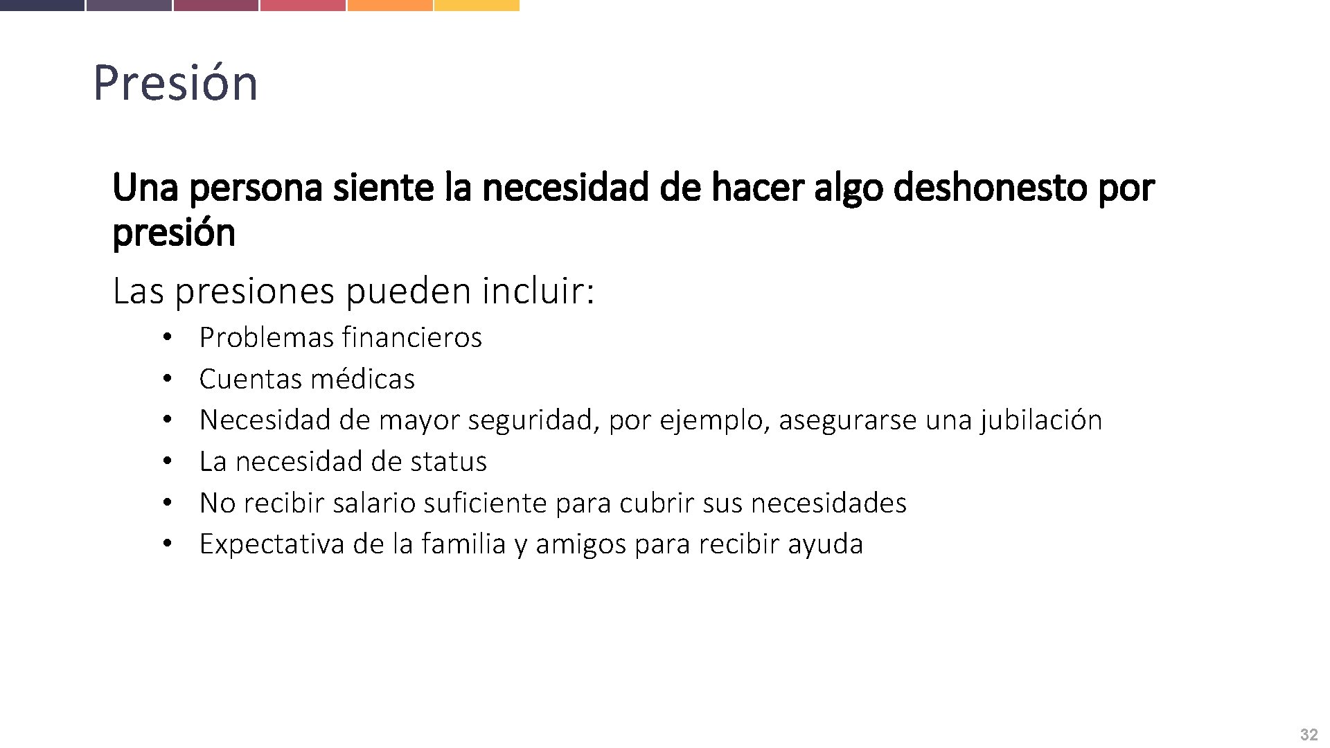 Presión Una persona siente la necesidad de hacer algo deshonesto por presión Las presiones