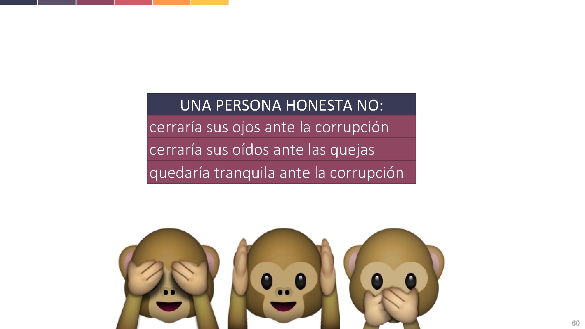 UNA PERSONA HONESTA NO: cerraría sus ojos ante la corrupción cerraría sus oídos ante