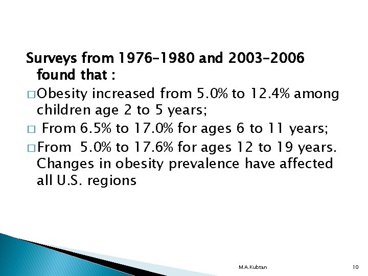 Surveys from 1976– 1980 and 2003– 2006 found that : � Obesity increased from