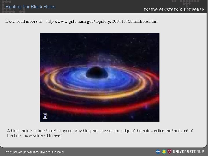 Hunting For Black Holes Download movie at http: //www. gsfc. nasa. gov/topstory/20011015 blackhole. html