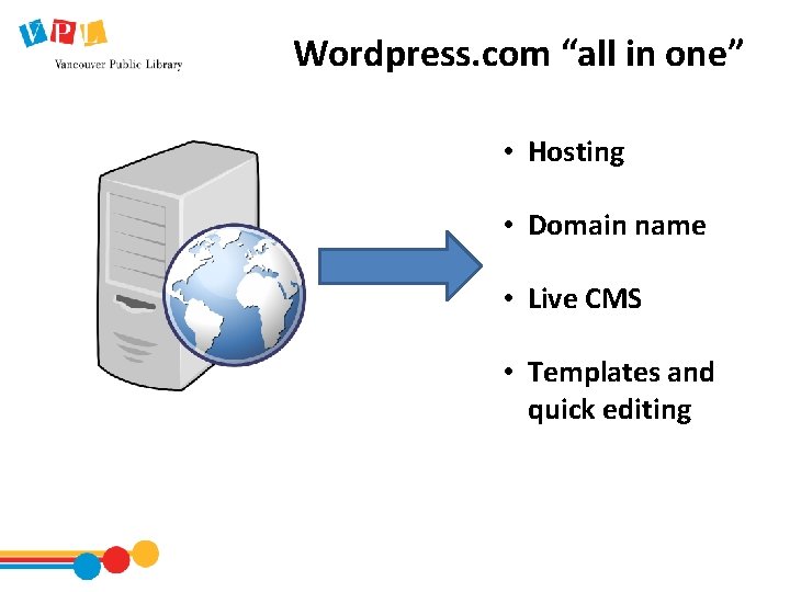 Wordpress. com “all in one” • Hosting • Domain name • Live CMS •