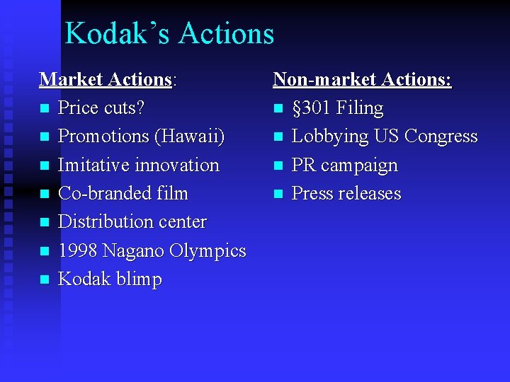 Kodak’s Actions Market Actions: n Price cuts? n Promotions (Hawaii) n Imitative innovation n