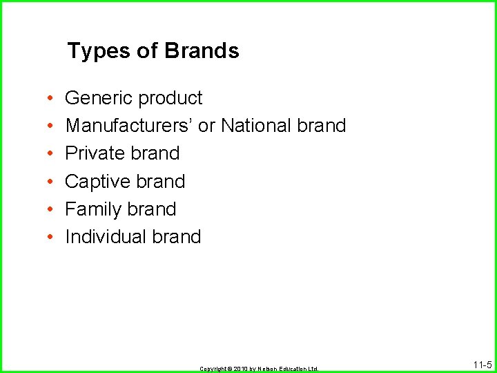 Types of Brands • • • Generic product Manufacturers’ or National brand Private brand