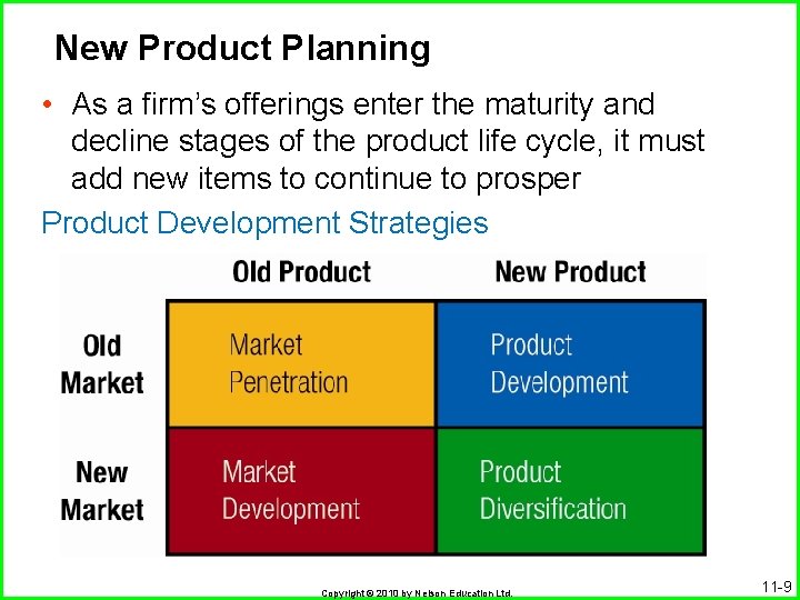 New Product Planning • As a firm’s offerings enter the maturity and decline stages