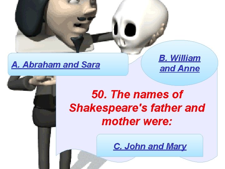A. Abraham and Sara B. William and Anne 50. The names of Shakespeare's father
