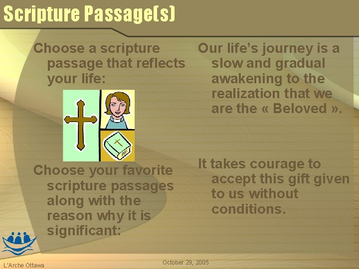 Scripture Passage(s) Choose a scripture Our life’s journey is a passage that reflects slow