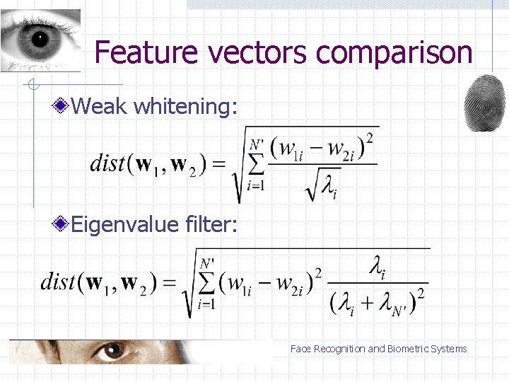 Feature vectors comparison Weak whitening: Eigenvalue filter: Face Recognition and Biometric Systems 