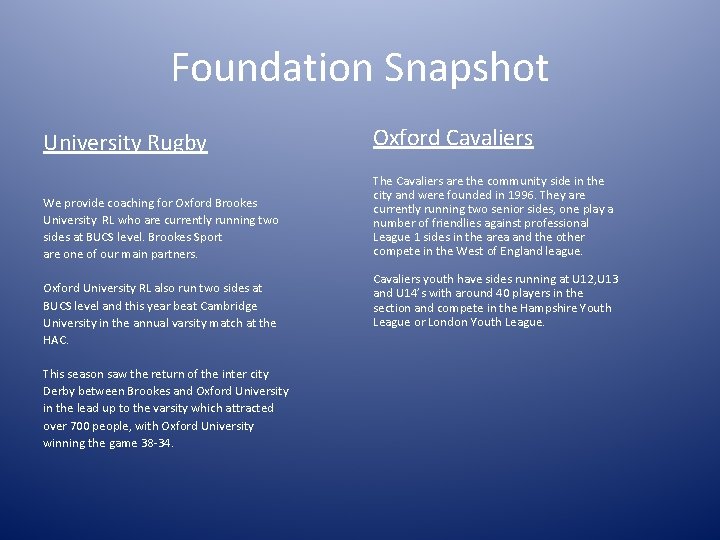 Foundation Snapshot University Rugby Oxford Cavaliers We provide coaching for Oxford Brookes University RL