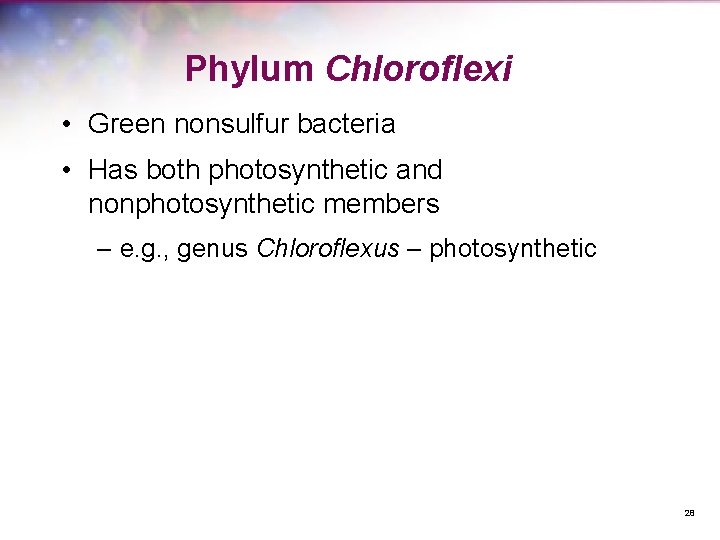 Phylum Chloroflexi • Green nonsulfur bacteria • Has both photosynthetic and nonphotosynthetic members –