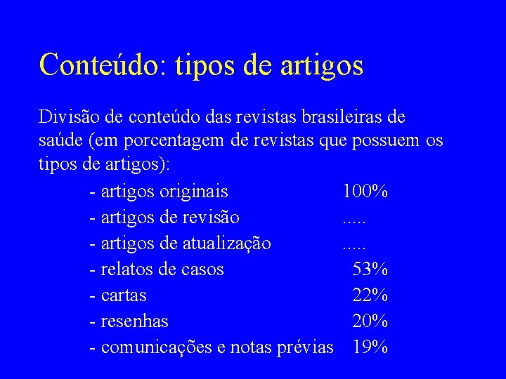 Conteúdo: tipos de artigos Divisão de conteúdo das revistas brasileiras de saúde (em porcentagem