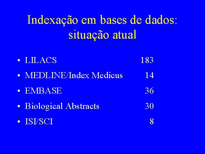 Indexação em bases de dados: situação atual • LILACS 183 • MEDLINE/Index Medicus 14