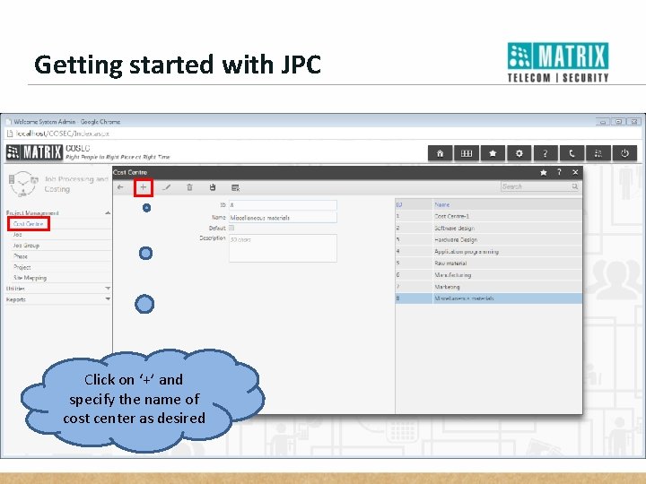 Getting started with JPC Click on ‘+’ and specify the name of cost center