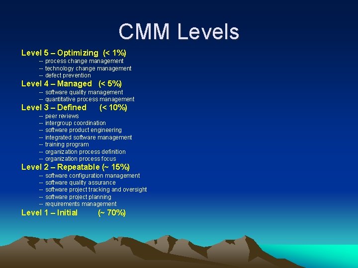 CMM Levels Level 5 – Optimizing (< 1%) -- process change management -- technology CMM Levels Level 5 – Optimizing (< 1%) -- process change management -- technology