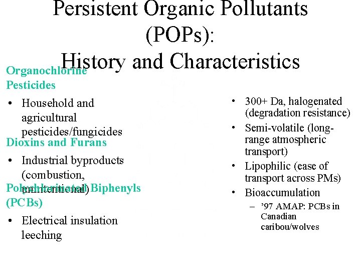Persistent Organic Pollutants (POPs): History and Characteristics Organochlorine Pesticides • 300+ Da, halogenated •