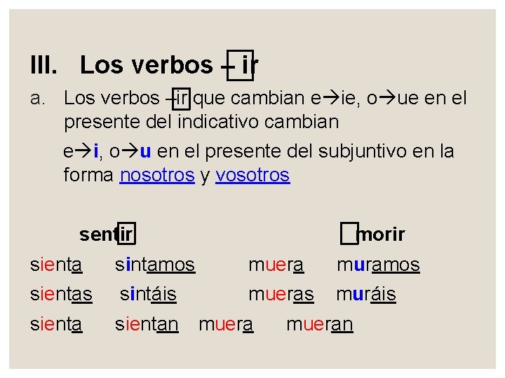 III. Los verbos – ir a. Los verbos –ir que cambian e ie, o