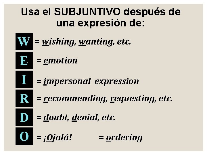 Usa el SUBJUNTIVO después de una expresión de: W = wishing, wanting, etc. E