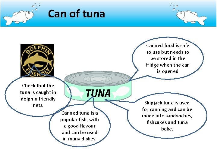 Can of tuna Canned food is safe to use but needs to be stored
