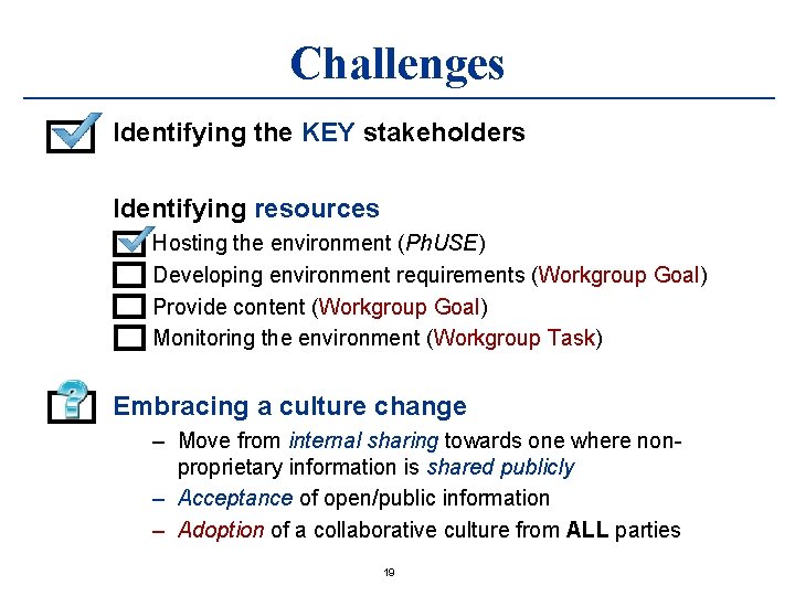 Challenges Identifying the KEY stakeholders Identifying resources Hosting the environment (Ph. USE) Developing environment