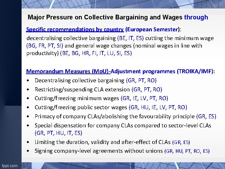 Major Pressure on Collective Bargaining and Wages through Specific recommendations by country (European Semester):