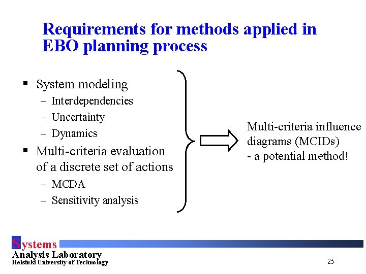 Requirements for methods applied in EBO planning process § System modeling – Interdependencies –