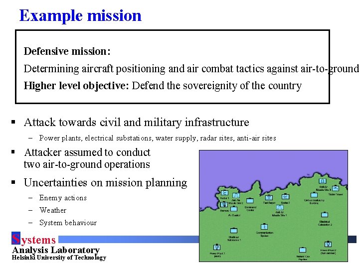 Example mission Defensive mission: Determining aircraft positioning and air combat tactics against air-to-ground Higher