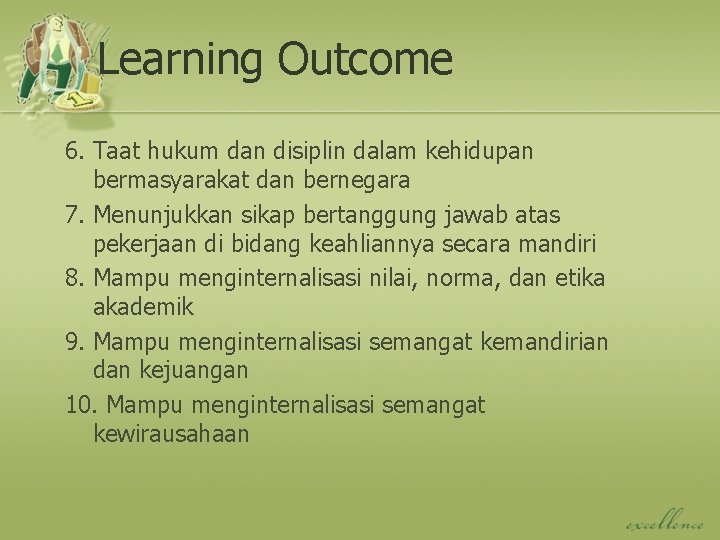 Learning Outcome 6. Taat hukum dan disiplin dalam kehidupan bermasyarakat dan bernegara 7. Menunjukkan