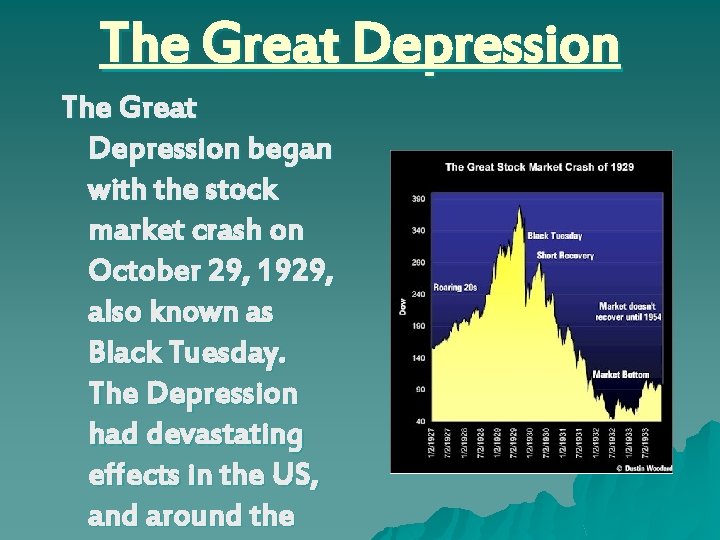 The Great Depression began with the stock market crash on October 29, 1929, also