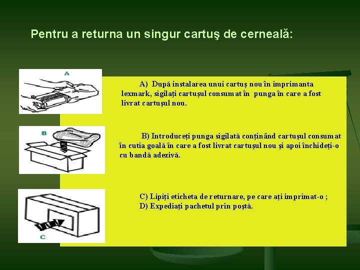 Pentru a returna un singur cartuş de cerneală: A) După instalarea unui cartuş nou