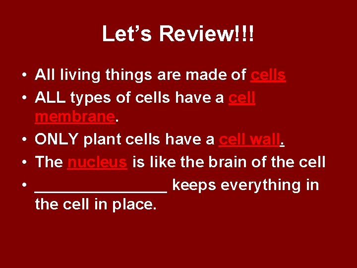 Let’s Review!!! • All living things are made of cells • ALL types of