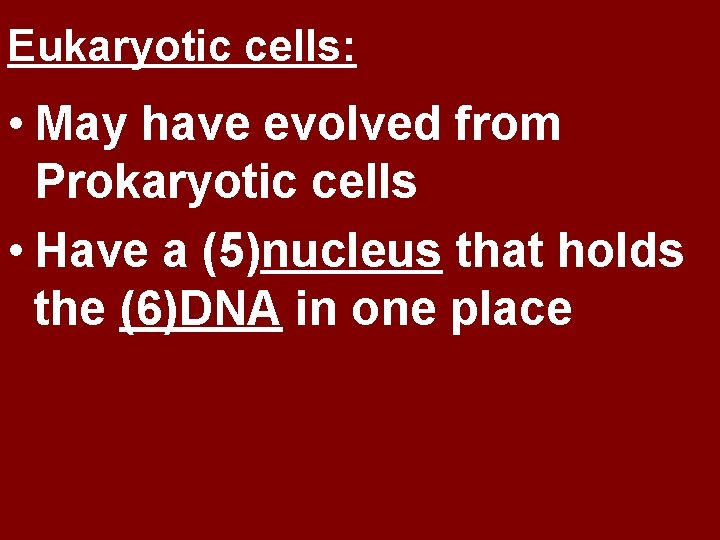 Eukaryotic cells: • May have evolved from Prokaryotic cells • Have a (5)nucleus that