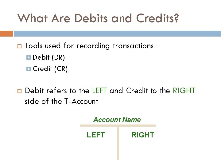 What Are Debits and Credits? Tools used for recording transactions Debit (DR) Credit (CR)