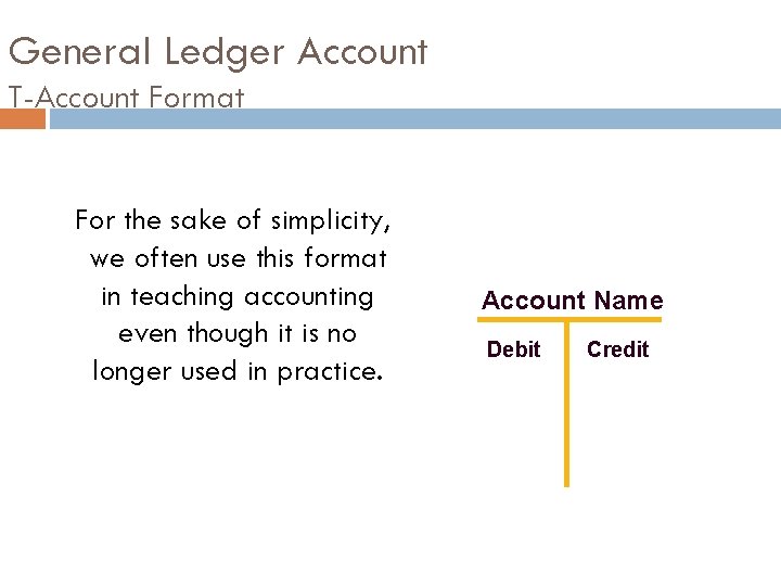 General Ledger Account T-Account Format For the sake of simplicity, we often use this