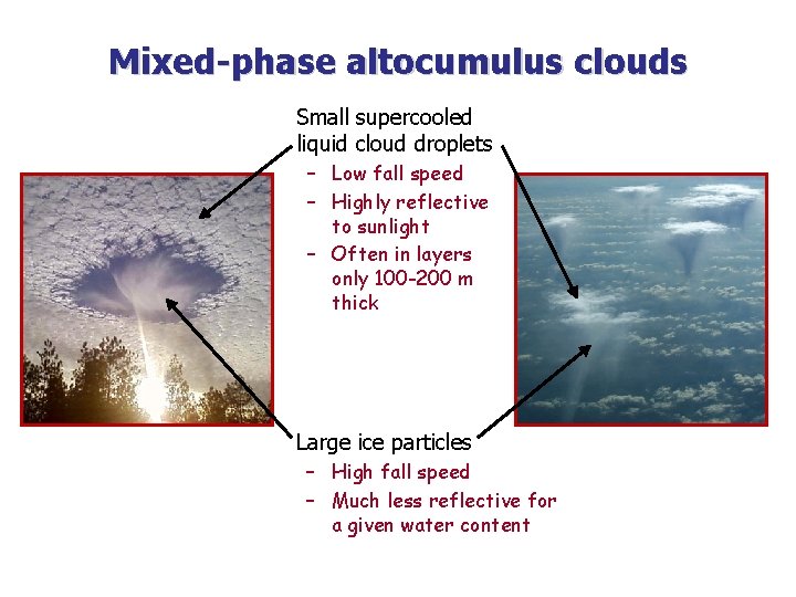 Mixed-phase altocumulus clouds Small supercooled liquid cloud droplets – Low fall speed – Highly