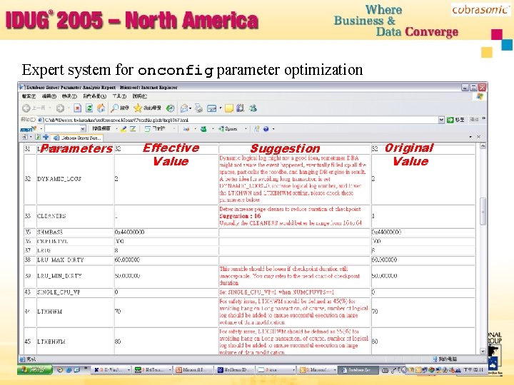 Expert system for onconfig parameter optimization Parameters Effective Value Suggestion 19 Original Value 