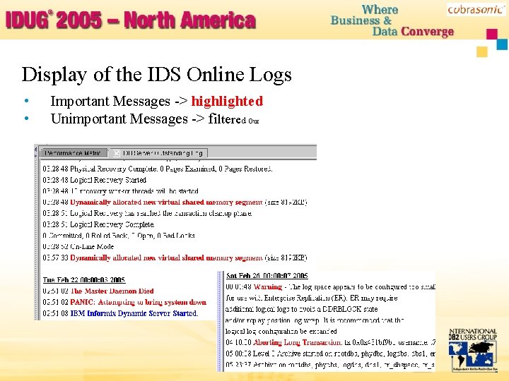 Display of the IDS Online Logs • • Important Messages -> highlighted Unimportant Messages