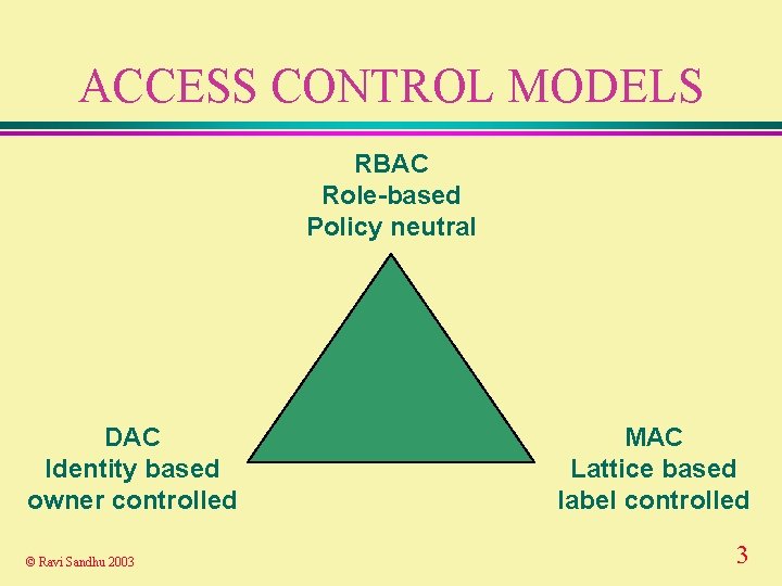 ACCESS CONTROL MODELS RBAC Role-based Policy neutral DAC Identity based owner controlled © Ravi